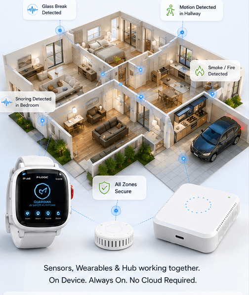 P-Logic's unified system shown as a cutaway home — wearable, hub, and room sensors running edge-AI on-device, with no cloud dependency.